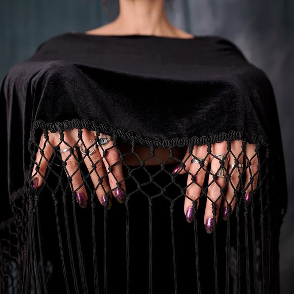 Vintage 70's Black Velvet Cape With Long Fringe - Picture 2 of 6